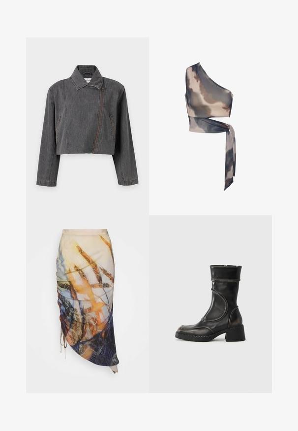 Veste en denim gris coupée avec un col pointu, une fermeture éclair asymétrique et deux poches latérales avec des détails zippés.; Haut court asymétrique à une épaule avec motif tie-dye gris et beige et une longue ceinture nouée à la taille sur fond blanc.; Materiel DIAGONAL GATHERED SKIRT - Jupe crayon - golden hour; Bottine en cuir noir avec un embout arrondi, des accents texturés, des coutures détaillées et un talon épais. Fermeture éclair sur le côté et finition lisse.