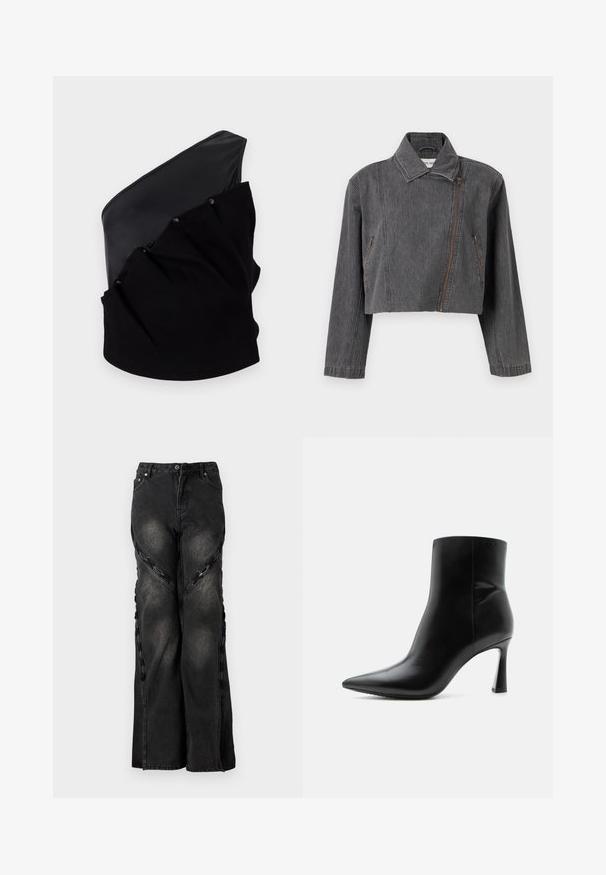Veste en denim gris coupée avec un col pointu, une fermeture éclair asymétrique et deux poches latérales avec des détails zippés.; Haut asymétrique noir avec un panneau en cuir lisse et un tissu tricoté texturé, doté de détails froncés et de boutons-pression.; Jean en denim noir avec une coupe large, présentant des accents en chaîne le long des coutures latérales et une fermeture à bouton et à zip à la taille.; Bottine en cuir noir avec bout pointu et talon aiguille fin et haut, vue de profil sur fond blanc.