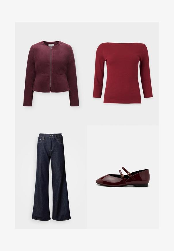 Veste en velours côtelé marron foncé avec manches longues, fermeture éclair argentée à l'avant, col rond et ourlet légèrement évasé.; Haut à manches longues côtelé rouge foncé uni avec un large col bateau et une silhouette ajustée sur fond gris clair.; Jean à jambes larges en denim foncé, présentant une taille haute, cinq poches, des coutures blanches contrastantes et une texture lisse.; Anna Field by Zalando Babies - dark red