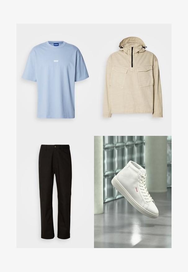 Beige Pullover-Jacke mit halbem Reißverschluss, zwei Brusttaschen, verstellbare Kapuze mit Kordelzügen und langen Ärmeln. Glattes, leichtes Material.; Helles blaues T-Shirt mit kurzen Ärmeln aus Baumwolle, mit Rundhalsausschnitt und einem weißen rechteckigen Logo auf der Vorderseite in der Mitte.; Schwarze Baumwollhosen mit geradem Schnitt, Gürtelschlaufen, einem Reißverschluss vorne und einem einzelnen Knopfverschluss. Glatte Textur ohne sichtbare Muster.; Weißer High-Top-Sneaker mit Schnürsenkeln und rotem "Hugo"-Logo an der Seite, schwebt über reflektierendem grauem Boden in moderner Innenumgebung.