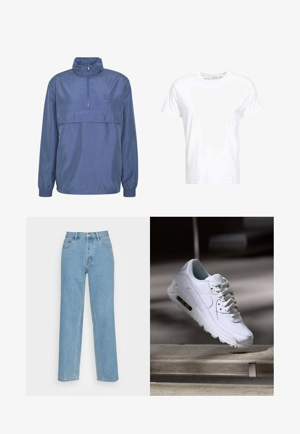 Marineblaue leichte Windjacke mit hohem Kragen, Halb-zip Front, elastischen Bündchen und einer horizontalen Brusttasche. Glatte Textur.; Weißes Baumwoll-T-Shirt mit rundem Ausschnitt und kurzen Ärmeln, im klassischen Schnitt und mit glatter Textur. Keine sichtbaren Muster oder Hardware.; Helle blaue gerade geschnittene Jeans aus Denim mit einem klassischen Fünf-Taschen-Design, einem vorderen Knopfverschluss und sichtbaren Nähdetails.; Weiße Lederturnschuhe mit strukturierten Oberflächen, gepolstertem Kragen und sichtbarer Luftpolsterung in der Sohle. Verfügt über Schnürsenkel und ein minimalistisches Design.