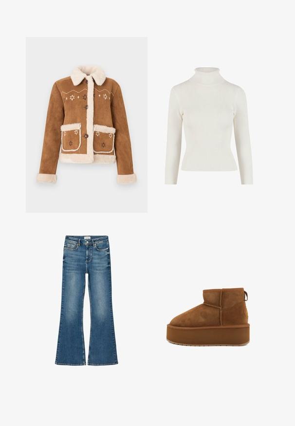 Brun ruskindsjakke med beige imiteret pelskrave og manchetter. Har blomsterbroderi på forsiden og to forlommer. Lukning med knapper.; Hvid ribbet rullekravesweater med lange ærmer og tætsiddende silhuet. Blød tekstur og strækbart materiale for komfort og bevægelsesfrihed.; Blå denimjeans med let falmning, høj talje, lukning med knap og lynlås foran, lommer foran og bagpå samt design med udvidede ben.; Brune ruskindsankelstøvle med en rund tå og en platformsål. Har en lille hæl og en løkke for nem påtagning. Tekstureret overflade med syningsdetaljer.