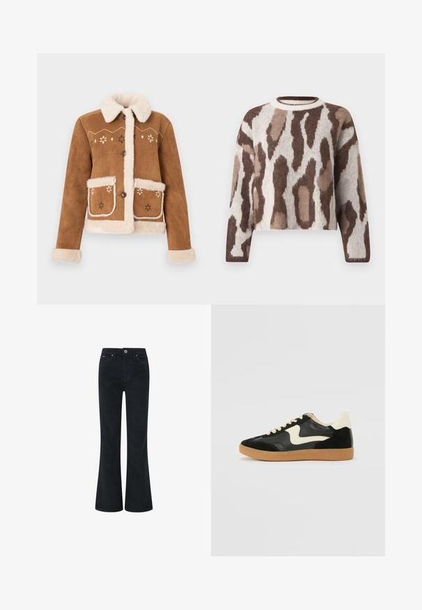 Veste en suède marron avec col et poignets en fausse fourrure beige. Présente une broderie florale sur le devant et deux poches avant. Fermeture par boutons.; Pull court brun et crème avec une texture douce, arborant un motif léopard et un col rond. Des manches longues complètent le design.; Pantalons en velours côtelé noir évasés avec fermeture à bouton et à glissière, dotés de deux poches avant et d'une texture lisse. Design à jambe droite.; Baskets en daim et cuir noir avec un swoosh latéral crème et un talon crème clair. Dotées de lacets beige et d'une semelle en caoutchouc gomme.