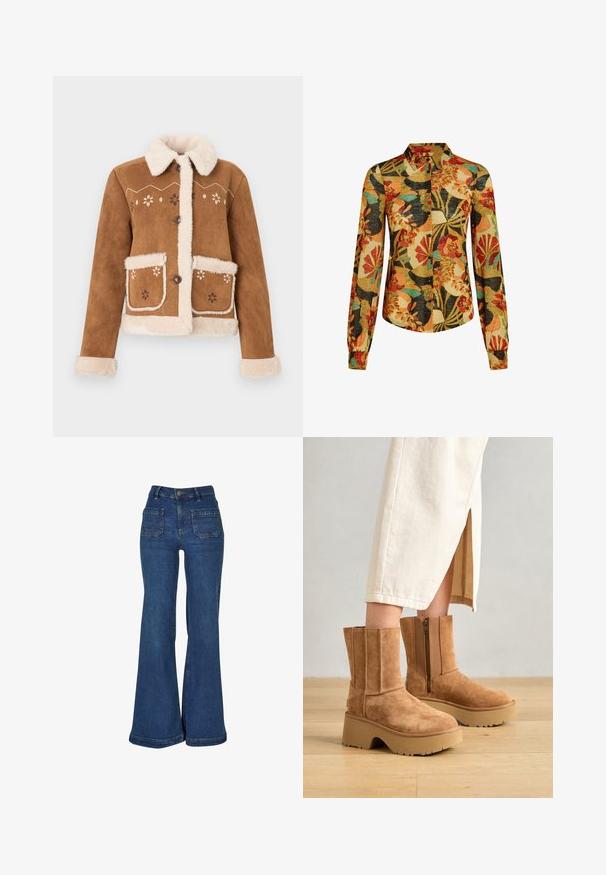 Brun ruskindsjakke med beige imiteret pelskrave og manchetter. Har blomsterbroderi på forsiden og to forlommer. Lukning med knapper.; Langærmet skjorte med et livligt blomstermønster i orange, rød og teal mod en sort og tan baggrund, med en knap-op design.; Blå cowboybukser med høj talje og vide, udvidede ben, forlommer med lapper, bæltestropper og knaplukning.; Brune suede ankelstøvler med en kraftig platformsål, lynlås på siden og lodrette syninger, parret med en beige nederdel.