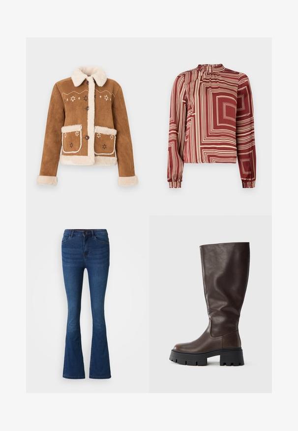 Chaqueta de ante marrón con cuello y puños de piel sintética beige. Presenta bordados florales en la parte delantera y dos bolsillos frontales. Cierre con botones.; Blusa de manga larga con un cuello alto, de tejido en color marrón con líneas geométricas en crema y puños fruncidos para un ajuste relajado.; Jeans de mezclilla de campana en azul oscuro con bolsillos delanteros y traseros, cierre de botón y cremallera, y detalles desgastados en los muslos y las rodillas.; Bota alta hasta la rodilla de cuero marrón con suela negra gruesa, textura suave, punta redondeada y detalles de costura mínimos.
