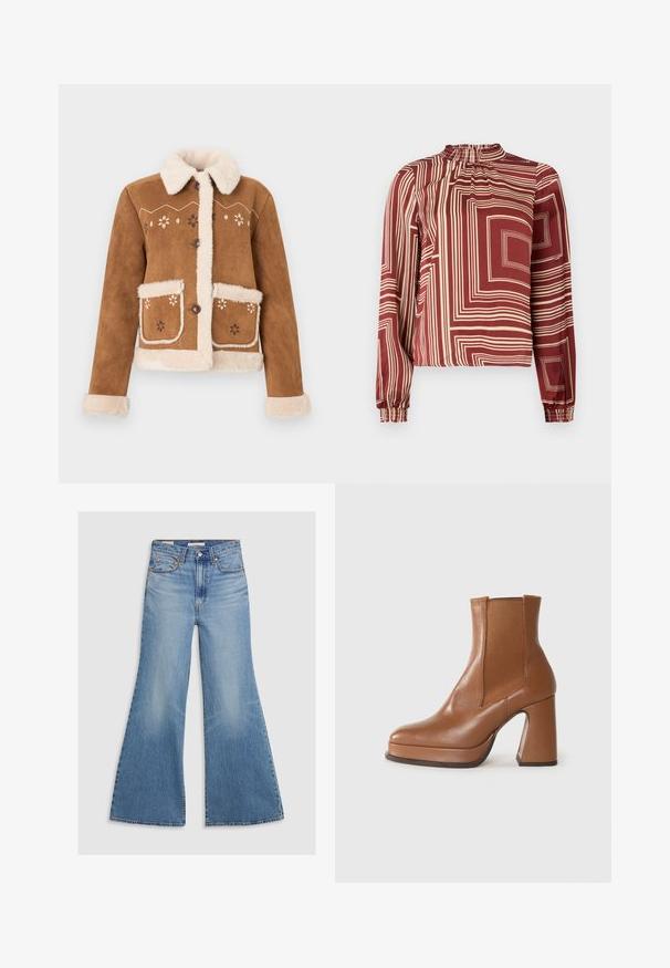 Brun ruskindsjakke med beige imiteret pelskrave og manchetter. Har blomsterbroderi på forsiden og to forlommer. Lukning med knapper.; Langærmet bluse med høj halsudskæring, maroon stof med cremefarvede geometriske linjer og indsamlede manchetter for en afslappet pasform.; Lysvasket denim flared jeans med høj talje, frontlommer og bronze hardware. Stoffet har en falmet tekstur med en glat finish.; Castañer BIMBA - Højhælede støvletter - caramelo