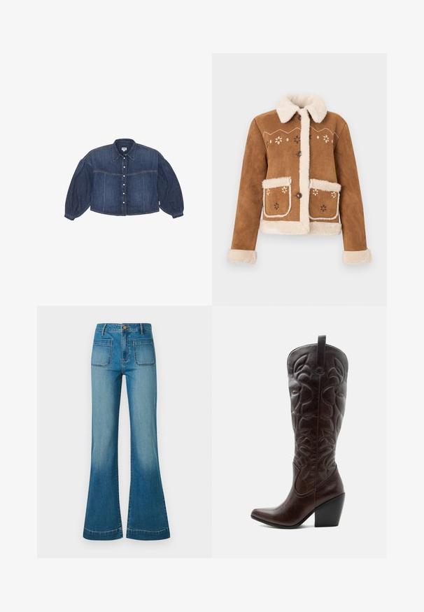 Brun ruskindsjakke med beige imiteret pelskrave og manchetter. Har blomsterbroderi på forsiden og to forlommer. Lukning med knapper.; Kraftigt blå cropped denimskjorte med knaplukning foran, spidse kraver og pufærmer. Har horisontale syninger.; Blå højtaljede denimjeans med forreste patchlommer og svajede ben, med knap- og lynlåslukning.; Høj mørkebrun læder cowboystøvle med syede dekorative mønstre, spids tå og stablet blokhæle.
