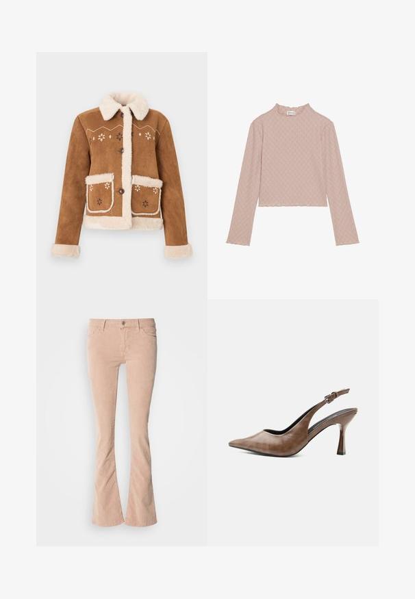 Brun ruskindsjakke med beige imiteret pelskrave og manchetter. Har blomsterbroderi på forsiden og to forlommer. Lukning med knapper.; Langærmet bluse i lyserød, strikket tekstur med en bølget kant og scalloped krave. Udstyret med et subtilt geometrisk mønster over hele.; Lysrosa fløjl flared jeans med subtil ribbet tekstur, frontlommer, lynlås og knaplukning, samt en let falmning langs benene.; Brun lædersandal med høj hæl, spids tå, justerbar rem med spænde og slank tilspidset hæl.