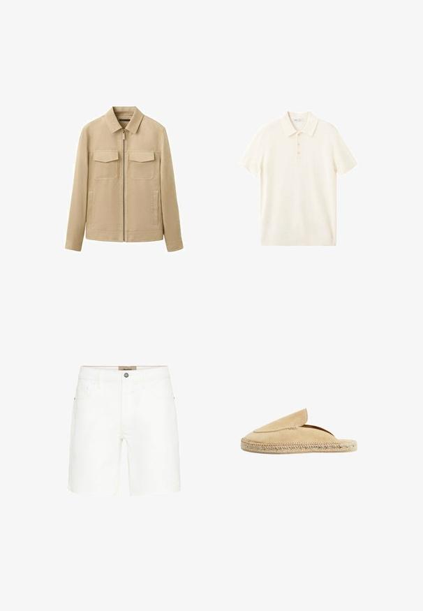 Veste beige zippée à manches longues, avec deux poches à rabat sur la poitrine et un col classique, présentée sur un fond blanc.; Polo crème à manches courtes avec une patte à trois boutons et un col classique, posé à plat sur un fond blanc.; Shorts en denim blanc avec un design classique à cinq poches, fermeture à bouton en métal et détails de surpiqûres contrastants. Texture lisse et coupe droite.; Chaussure slip-on en suède beige avec un bout rond, des détails couturés et une semelle en jute tressée, présentant un design à dos ouvert pour un enfilage facile.