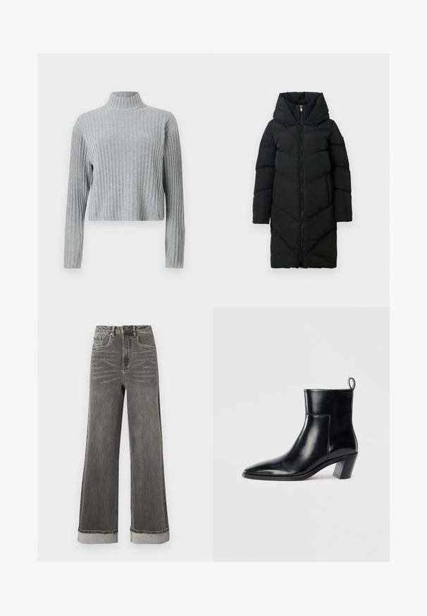 Sort lang pufferjakke med høj polstret krave, fuld lynlås foran, lange ærmer og sidelommer.; Grå ribbet turtleneck sweater med lange ærmer, cropped længde, blød tekstur og tætsiddende design. Ingen synlig hardware eller mønstre.; Grå denimjeans med vide ben, høj talje, fem lommer og opbukket kant. Stoffet har en let slidte struktur med synlige syninger.; Sort læder ankelstøvle med spids tå, geometrisk stablet hæl og en løftestrop bagpå. Glat tekstur og slankt design.