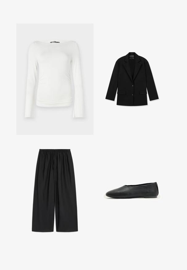 Blazer negro a medida con cuello de solapa, dos bolsillos delanteros con solapa y dos botones a presión, colocado plano sobre un fondo blanco.; Top blanco de manga larga hecho de una tela suave con un silueta ajustada, que cuenta con un amplio escote barco y un sutil fruncido en la cintura.; Pantalones negros de pierna ancha con cintura elástica y cordón, ajuste holgado y tejido suave.; Zapato plano de cuero negro con punta redondeada y tacón bajo, diseñado para uso casual o formal.