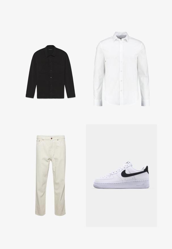 Camisa negra de manga larga hecha de un tejido suave, con dos bolsillos en el pecho y cierres de botones en la parte delantera.; Camisa blanca de manga larga con botones, confeccionada en algodón suave. Presenta un cuello clásico y una parte delantera con botones, con un dobladillo recto.; Pantalones de algodón beige con corte recto, cinco bolsillos, cierre de botón y detalles de costura sutiles. Textura uniforme sin patrones visibles.; Zapatilla blanca de cuero con un Swoosh negro texturizado, cordones planos y una suela de goma con un patrón estriado. "AIR" está grabado en el talón.