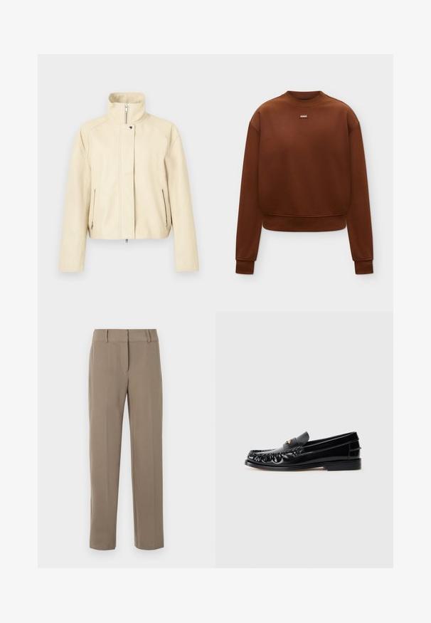 Beige læderjakke med høj krave, lynlås foran og to sidelommer med lynlås. Glat tekstur og minimalistisk design.; Brun langærmet crewneck-sweatshirt med ribkant ved ærmer og kant, med lille "HUGO" logo-patch midt på brystet.; Klassiske kaki bukser med lige ben, bæltestropper og lynlås foran på hvid baggrund.; Sorte læder loafers med rund tå, dekorativ sying og en lille gul accent på vampen. Flad gummisål, slankt design.