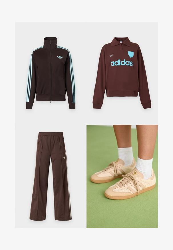 Sort trackjakke med lynlås, med lyst blåt Adidas-logo på brystet og tre lyseblå striber ned ad hver ærme.; Brun sweatshirt med polo krave, der har en lys blå "adidas" logo og skjolddetalje, lavet af blødt stof med en afslappet pasform.; Brune atletiske bukser med vidde ben, hvide striber på siden, elastisk linning og to sidelommer. Har et lille logo på benet.; Fødder iført beige vævede Adidas sneakers med gummisåler og hvide ankelsokker på en grøn struktureret gulv.