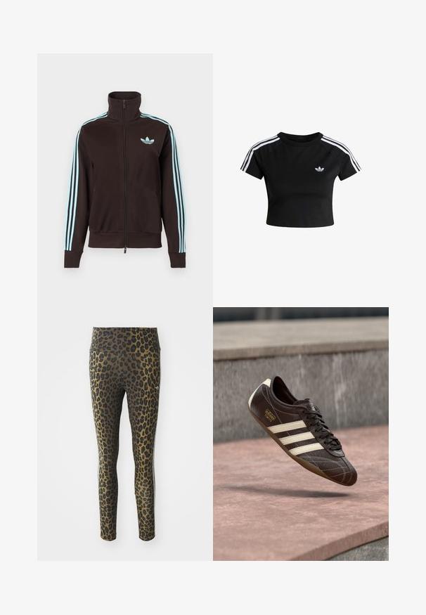 Veste de survêtement noire zippée avec un logo Adidas bleu clair sur la poitrine et trois bandes bleu clair sur chaque manche.; T-shirt court noir avec triple bande blanche sur les épaules et logo trefoil Adidas sur le côté gauche de la poitrine.; Leggings imprimés léopard avec une taille haute, en tissu extensible et accents noirs sur une base marron clair, conçus pour le confort et un ajustement parfait.; Baskets en cuir marron avec trois bandes blanches, surface texturée, design à lacets et semelle en caoutchouc marron. Logo embossé sur le côté.