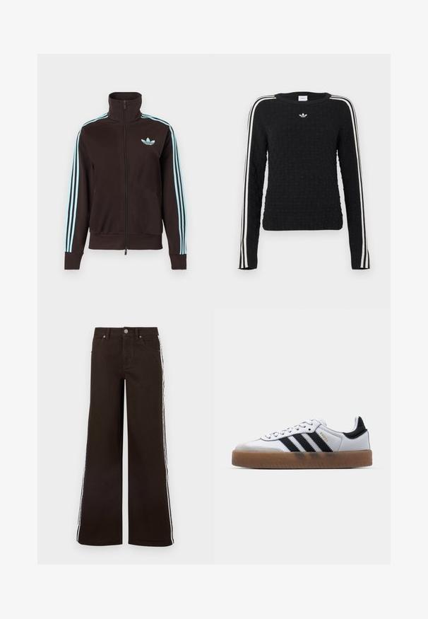 Sort trackjakke med lynlås, med lyst blåt Adidas-logo på brystet og tre lyseblå striber ned ad hver ærme.; Sort strikket sweater med tekstureret overflade, lange ærmer, rund hals og hvide sidelister med et broderet logo på brystet.; Brune viddeben jeans lavet af denim med hvide sidelister, klassisk fem-lomme-design og lukning med metal-knap.; Hvide lædersneakers med sorte striber, gummirubber sål, rund tå, snørelukning og blød grå ruskinds tåhætte.