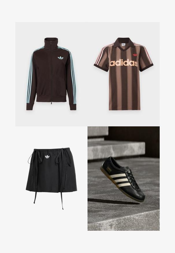 Zwarte trainingsjack met ritssluiting, lichtblauw Adidas-logo op de borst en drie lichtblauwe strepen langs elke mouw.; Bruine gestreepte Adidas polo met V-hals, bordeauxrode kraag en rood logo. Heeft witte en rode schouderstrepen, korte mouwen.; Zwarte sport rok met verstelbare trekkoorden, met een klein wit logo aan de voorkant. Gemaakt van lichtgewicht stof met een zachte textuur.; Zwarte leren sneaker met wit ontwerp van drie strepen, gestructureerde accenten, zwarte veters en een gum zool. Merkenlogo zichtbaar op de tong.