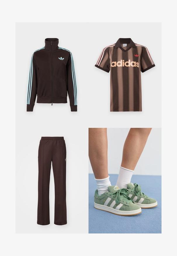 Must tnkkas lukuga jope, millel on helesinine Adidas logo rinnal ja kolm helesinist triipu mööda iga varrukat.; Pruunide triipudega Adidas polotee, V-kaelusega, bordeau krae ja punase logoga. Omad valge ja punase triibuga õlad ning lühikesed varrukad.; Kohvilised spordipüksid elastse vöökohtaga, kahe külgmise taskuga ja väikese logoga vasakul küljel, valmistatud pehmest kangast.; Roheline sametist tossud valgete triipudega. Omavad ümmarguseid paelu, tekstureeritud keelti ja ringikujulist logo keeltel.
