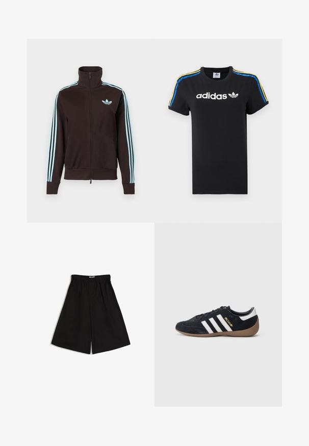 Veste de survêtement noire zippée avec un logo Adidas bleu clair sur la poitrine et trois bandes bleu clair sur chaque manche.; T-shirt en coton noir avec des manches roulées ; présente un logo Adidas blanc et des rayures multicolores (bleu, jaune et rouge) le long des épaules.; Short noir à jambes larges avec une taille élastique et des poches latérales, présenté à plat sur un fond blanc.; Baskets en daim noir avec trois bandes blanches, semelle en caoutchouc beige, et un petit logo doré sur le côté. Dotées d'une doublure intérieure noire lisse.