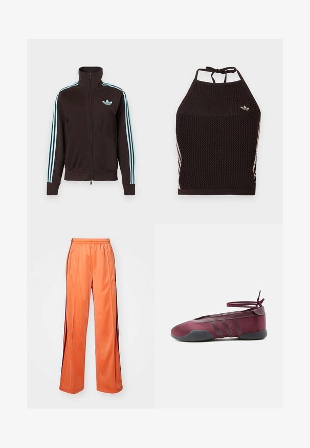Zwarte trainingsjack met ritssluiting, lichtblauw Adidas-logo op de borst en drie lichtblauwe strepen langs elke mouw.; Zwarte mesh halter crop top met een textuurpatroon. Voorzien van roze accentstrepen en een klein logo aan de voorkant. Sluiting met strik aan de achterkant.; Oranje sportbroek van soepel materiaal, met een wijd pijpdesign, elastische tailleband en contrasterende zijstrepen.; Bordeauxrode ballerina met zwarte zool, elastische enkelbandjes die in een strik zijn gebonden, en gestikte details aan de zijkanten, gezien vanaf de buitenkant.