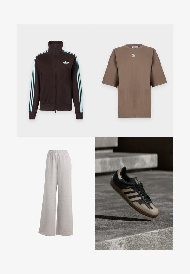Veste de survêtement noire zippée avec un logo Adidas bleu clair sur la poitrine et trois bandes bleu clair sur chaque manche.; T-shirt en coton marron à manches courtes, col rond et logo Adidas blanc centré sur la poitrine, avec un design épuré et une coupe décontractée.; Pantalon de survêtement gris clair avec une coupe ample, une taille élastique et une texture douce. Présente un logo discret sur un côté. Design décontracté.; Baskets en cuir noir et beige avec trois bandes blanches, semelle en caoutchouc beige et détail en or "Samba" sur le côté.