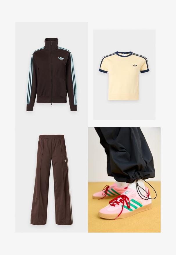 Musta vetoketjullinen urheilutakki, jossa vaaleansininen Adidas-logo rinnassa ja kolme vaaleansinistä raitaa kummassakin hihassa.; Lyhythihainen kerma-paita tummansinisin pyöreäkauluksin, hihansuiden somistein, olkasuorin ja vasemmassa rinnassa tummansininen Adidas trefoil -logo.; Ruskeat urheiluhousut leveillä lahkeilla, valkoisilla sivuraitoja, joustavalla vyötäröllä ja kahdella sivutaskulla. Lahkeessa pieni logo.; Vaaleanpunaiset mokkakenkäset, joissa on vihreät raidat, punaiset nauhat ja kumipohja. Yhdistetty mustiin housuihin, jotka ovat kerätty nilkkojen ympärille.