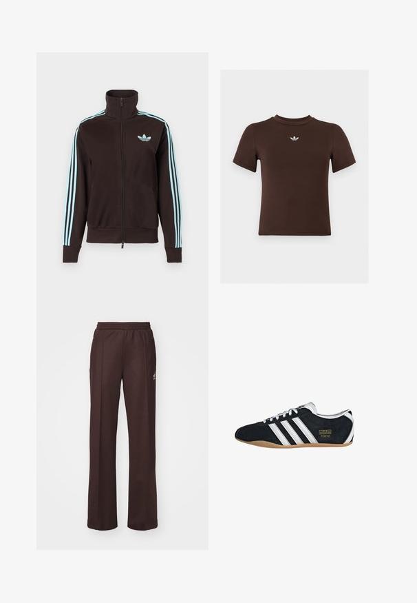 Must tnkkas lukuga jope, millel on helesinine Adidas logo rinnal ja kolm helesinist triipu mööda iga varrukat.; Pruun lühikeste varrukatega keha järgnev t-särk, millel on väike valge Adidas logo kaeluse all keskel.; Kohvilised spordipüksid elastse vöökohtaga, kahe külgmise taskuga ja väikese logoga vasakul küljel, valmistatud pehmest kangast.; Must musta tennisjalanikesed valgete kolme triibuga, kuldse logo ja pruuni kummitaldiga. Omab madalat sidumise disaini.
