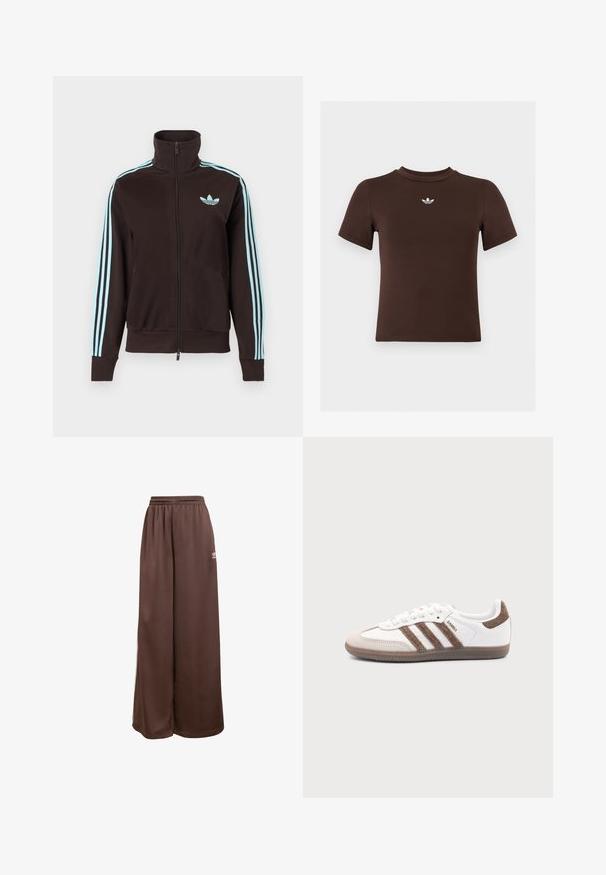 Čierna športová bunda na zips s svetlomodrým logom Adidas na hrudi a tromi svetlomodrými pruhmi pozdĺž každého rukáva.; Hnedé priliehavé tričko s krátkym rukávom a malým bielym logom Adidas umiestneným v strede pod výstrihom.; adidas Originals Tepláky - auburn cream white; Biele tenisky Adidas Samba s hnedými semišovými pruhmi, hnedou gumovou podrážkou a béžovým semišovým špicom, zobrazené z vonkajšej strany na jednofarebnom pozadí.