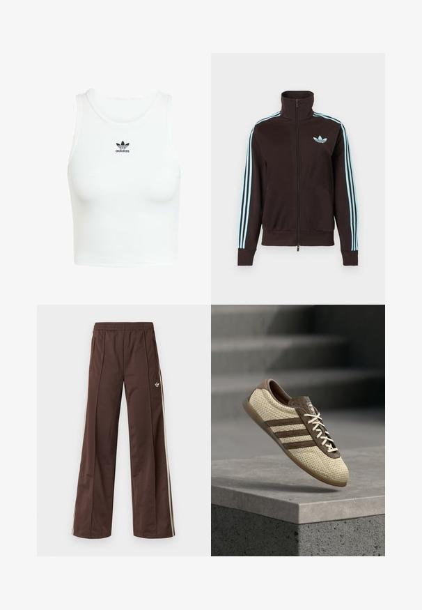 Čierna športová bunda na zips s svetlomodrým logom Adidas na hrudi a tromi svetlomodrými pruhmi pozdĺž každého rukáva.; Biely bavlnený top bez rukávov s priliehavou rebrovanou textúrou, okrúhlym výstrihom a vyšívaným čiernym logom Adidas na prednej strane.; Hnedé športové nohavice so širokým strihom nohavíc, bielymi bočnými pásmi, elastickým pásom a dvoma bočnými vreckami. Na nohavici je malá značka.; Béžová a hnedá tkaná teniska s tromi pruhmi a bielymi šnúrkami, ktorá pláva nad betónovým okrajom so schodmi v pozadí.