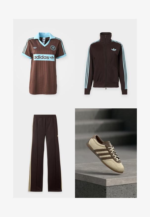 Sort trackjakke med lynlås, med lyst blåt Adidas-logo på brystet og tre lyseblå striber ned ad hver ærme.; Brun atletisk trøje med en lyseblå krave og stribede accenter. "Adidas" logoet er iøjnefaldende placeret på brystet.; Sorte træningsbukser med gule sidelister, elastisk taljebånd, lynlåslommer i siderne og en lille logo på den øvre lår.; Beige og brune vævede sneakers med tre striber og hvide snørebånd, svævende over en betonrampe med trapper i baggrunden.