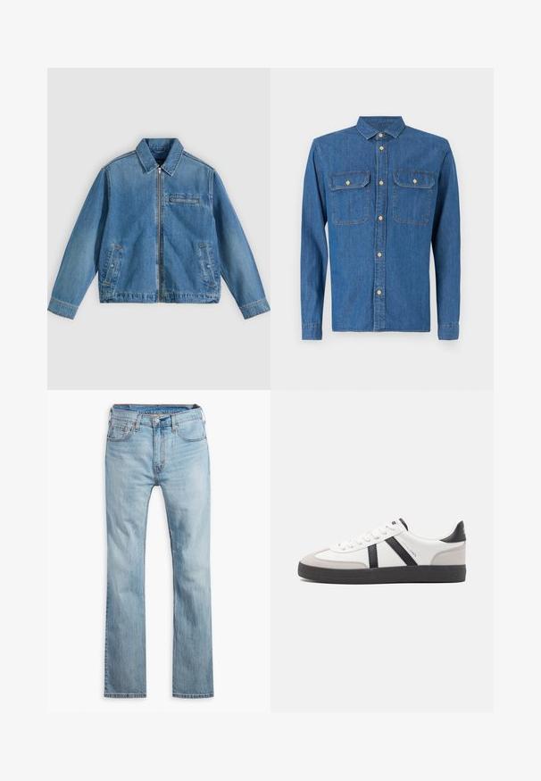Blaue Jeansjacke mit Frontreißverschluss, spitzem Kragen, zwei Seitentaschen und einer kleinen Reißverschlusstasche auf der Brust, flach auf einem hellen Hintergrund liegend.; Dunkelblaue Jeanshemd mit langen Ärmeln und geknöpften Manschetten, spitzem Kragen, zwei Brusttaschen und vorderem Knopfverschluss mit goldenen Beschlägen.; Hellblaue Jeans aus Denim, mit geradem Bein, fünf Taschen, kontrastierenden Nähten und einem Knopfverschluss am Bund.; Weiße Sneaker mit schwarz- und grau-aczenten, ausgestattet mit einer strukturierten grauen Zehenkappe, schwarzer Gummi-Sohle und flachen weißen Schnürsenkeln. Sauberes Design, minimalistische Stil.