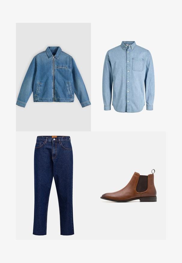 Blå denimjakke med frontlynlås, spids krave, to sidelommer og en lille lynlåslomme på brystet, lagt fladt på en lys baggrund.; Lyseblå denimskjorte med knapper, lange ærmer, krave, brystlomme og subtil tekstur. Har hvide knapper langs knapstolpen.; Mørkeblå denimjeans med lige snit, høj talje, fem lommer og frynset kant. Kontrastsyning og detalje med knaplukning.; Zign by Zalando LEATHER - Støvletter - cognac