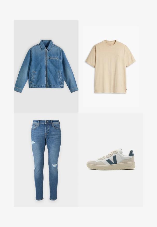 Blaue Jeansjacke mit Frontreißverschluss, spitzem Kragen, zwei Seitentaschen und einer kleinen Reißverschlusstasche auf der Brust, flach auf einem hellen Hintergrund liegend.; Beige Baumwoll-T-Shirt mit Rundhalsausschnitt und kurzen Ärmeln. Verfügt über ein dezentes "Levi's"-Logo in der gleichen Farbe auf der Brust. Weiche Textur.; Verblasste blaue Jeans im Slim-Fit, mit zerstörten Stellen an den Knien, einem Knopfverschluss und einem Fünf-Taschen-Design.; Weiße Leder-Sneaker mit grauen Wildledereinsätzen, einem auffälligen blauen "V"-Logo, runder Zehenform und einer strukturierten Gummisohle.