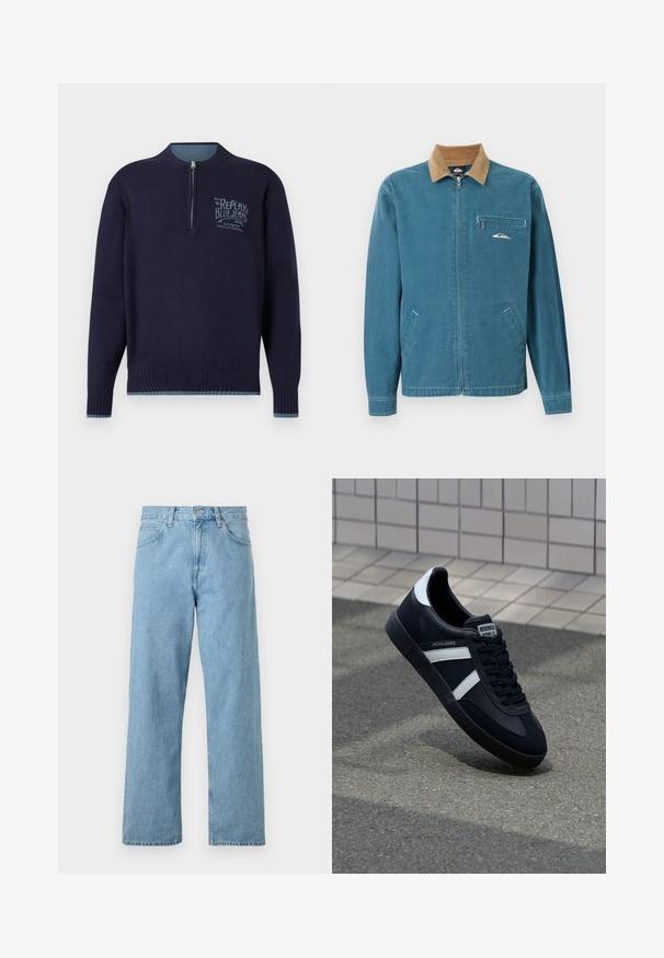Blauwe jas met rits en een bruine corduroy kraag, twee zakken aan de onderkant en een borstzak met rits, voorzien van een klein wit golflogo.; Marineblauwe langemouwen pullover met kwartrits, geribde manchetten en zoom, en een lichtblauw 'Replay Blue Jeans'-logo op de linkerborst.; Lichtblauwe denim jeans met een rechte pasvorm, vijf zakken, knoop- en ritssluiting, en een iets vervaagde afwerking.; Zwarte leren sneaker met witte strepen, een gestructureerde rubberen zool en vetersluiting aan de voorkant. Voorzien van een merklabel op de tong.