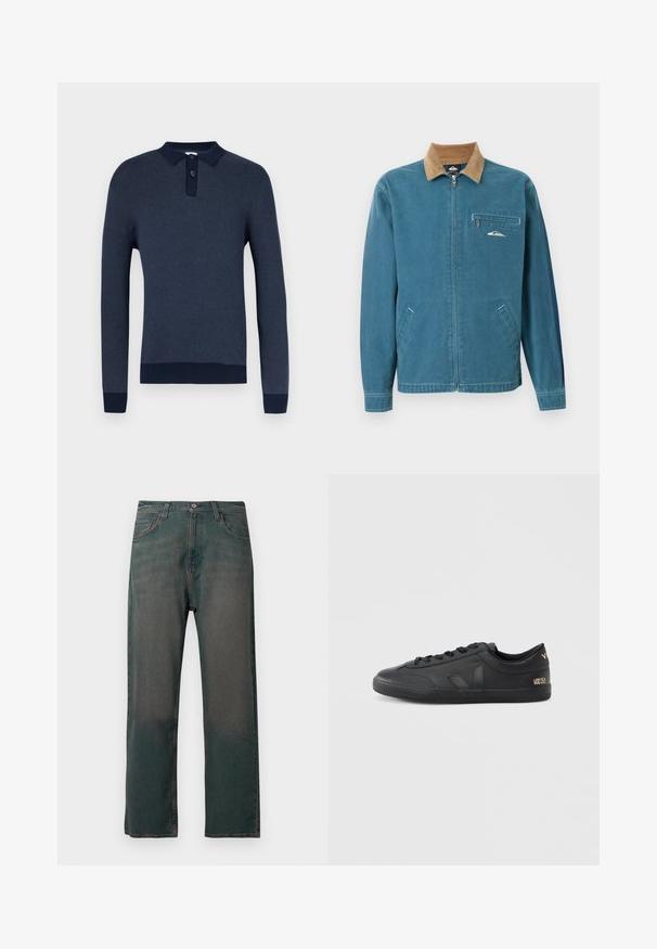 Veste bleue à fermeture éclair avec col en velours côtelé marron, deux poches inférieures et poche poitrine zippée ornée d'un petit logo vague blanc.; Polo bleu marine à manches longues en maille texturée, avec une patte de boutonnage à trois boutons, et des poignets et un ourlet côtelés bleu foncé contrastants.; Jean en denim vert foncé avec une coupe droite, doté d'un design classique à cinq poches et de coutures contrastantes le long des coutures.; Baskets en cuir noir avec une surface texturée, bout arrondi, fermeture à lacets et un marquage discret sur le côté et le talon.