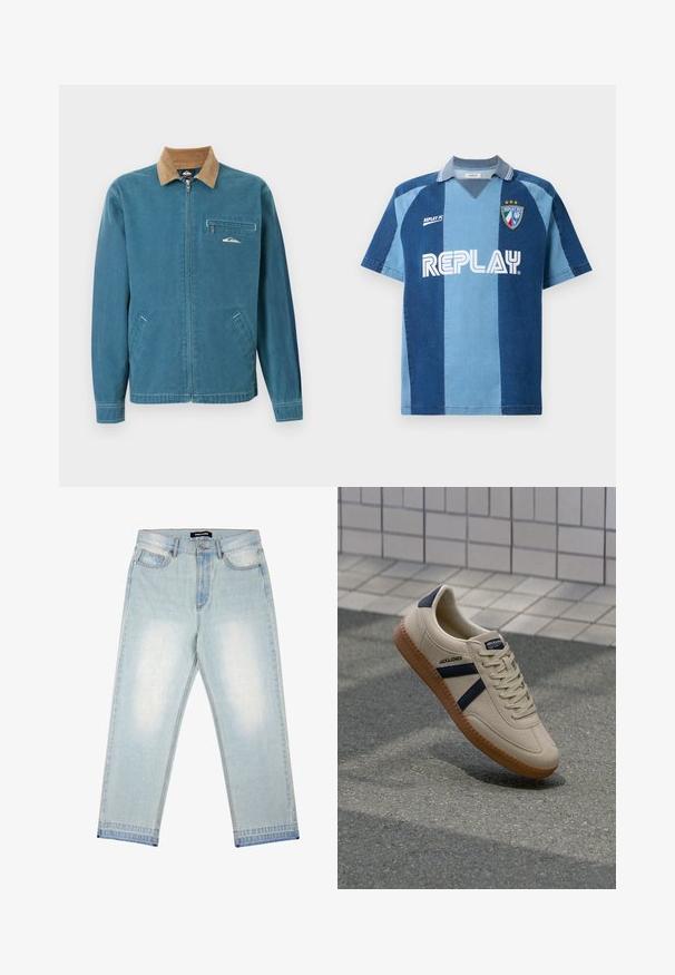 Modrá bunda na zips s hnedým manžestrovým golierom, dvoma spodnými vreckami a vreckom na hrudi so zipsom, na ktorom je malý biely vlnkový logo.; Jersey inšpirovaný džínsami s krátkymi rukávmi, s tmavomodrým a svetlomodrým pruhovaným dizajnom, V-krkom a výrazne vyobrazeným logom "REPLAY".; Pegador BARROW - Džínsy široké - sand washed blue; Béžové tenisky s textúrovaným povrchom, námorníckymi pruhmi a gumovou podrážkou. Obsahujú polstrovaný jazyk a tradičný šnurovací systém pre bezpečné prispôsobenie.