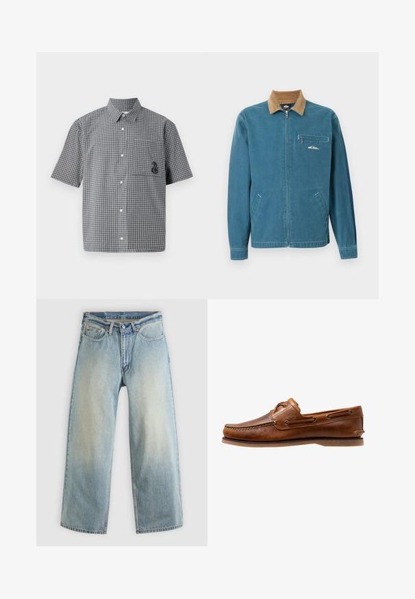 Blauwe jas met rits en een bruine corduroy kraag, twee zakken aan de onderkant en een borstzak met rits, voorzien van een klein wit golflogo.; Korte mouwen knoopsluiting overhemd in zwart-wit ruitpatroon, met een borstzak en geborduurd zeepaardje detail. Katoenen materiaal.; Lichtblauwe, wijde spijkerbroek met een verwaaide afwerking. Voorzien van een standaard ontwerp met vijf zakken en een metalen knoopsluiting.; Brown leren botenschoen met gestikte accenten, voorzien van metalen oogjes, een verhoogde naad op de neus en een platte rubberen zool.