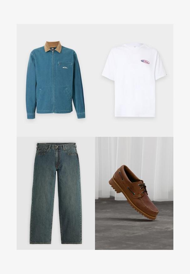 Blå lynlåsjakke med brun kordfløjls-krave, to nederste lommer og lynlåslomme på brystet med en lille hvid bølgelogo.; Hvid T-shirt med korte ærmer og en lille oval formet lyserød og blå logo på venstre bryst, placeret mod en ensfarvet lys baggrund.; Mørkeblå straight-leg denim jeans med knap- og lynlås-lukning, forlommer og bæltestropper på en lys grå baggrund.; Brun læder bådsko med sorte snørebånd, beige syninger og en robust sål, hængende over en grå betongulv.