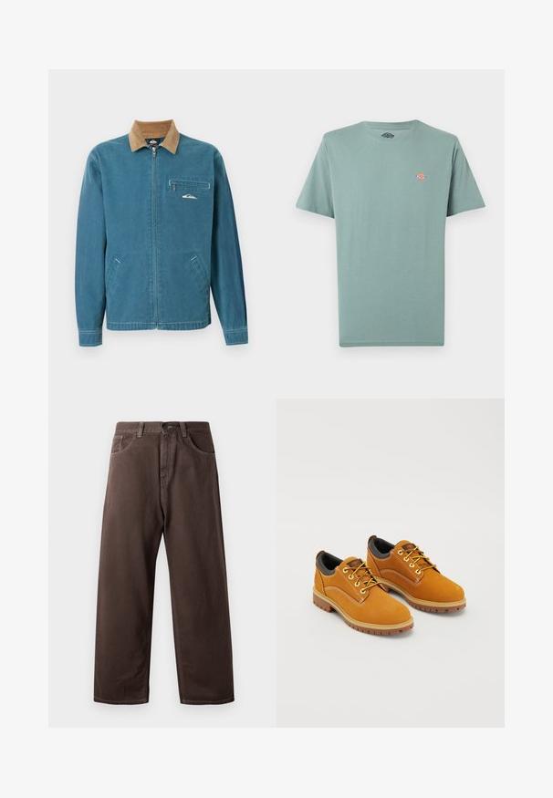 Veste bleue à fermeture éclair avec col en velours côtelé marron, deux poches inférieures et poche poitrine zippée ornée d'un petit logo vague blanc.; T-shirt à manches courtes unie vert clair atténué avec un petit logo multicolore Dickies sur la poitrine gauche.; Pantalons larges marron en coton, avec un design classique à cinq poches, une fermeture éclair et des détails de couture visibles.; Chaussures en daim marron avec un bout rond, des lacets jaunes, un col rembourré noir et des semelles en caoutchouc avec des rainures de traction.