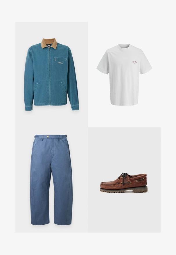 Blå lynlåsjakke med brun kordfløjls-krave, to nederste lommer og lynlåslomme på brystet med en lille hvid bølgelogo.; Hvid T-shirt med korte ærmer, rund nakke og lille rødt tekst på venstre bryst med teksten "The IVY Mansion Bayfield Harbor."; Blå bukser med vide ben, forlommer, bæltestropper og knaplukning i taljen, vist på en ensfarvet baggrund.; Brune læder bådsko med struktureret overdel, sorte snørebånd og gyldne øjer. Har en holdbar, rillede gummisål.