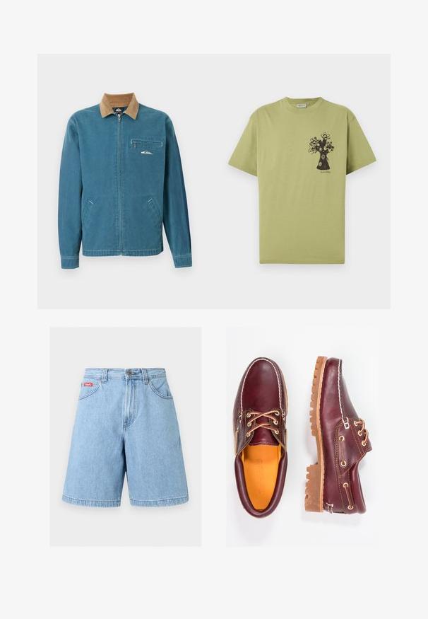 Veste bleue à fermeture éclair avec col en velours côtelé marron, deux poches inférieures et poche poitrine zippée ornée d'un petit logo vague blanc.; T-shirt vert clair à manches courtes avec un graphisme abstrait noir d'arbre à fleurs sur le côté gauche de la poitrine et un petit texte sous le dessin.; Short en denim bleu clair avec fermeture avant par bouton et zip, passants de ceinture et poches avant, présenté sur un fond uni.; Chaussures en cuir bourgogne avec semelles en caoutchouc marron, bout rond, couture blanche et œillets dorés. L'intérieur présente une doublure jaune.