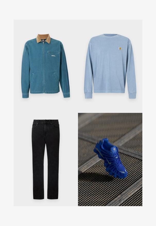 Blauwe jas met rits en een bruine corduroy kraag, twee zakken aan de onderkant en een borstzak met rits, voorzien van een klein wit golflogo.; Lichtblauw overhemd met lange mouwen van zachte stof, met een ronde halslijn, geribbelde manchetten en een klein logoplaatje op de linkerborst.; Zwarte denim jeans met een recht model, voorzien van riemlussen, voorzakken en een knoopsluiting. De textuur is glad met een lichte rekbaarheid.; Blauwe sportschoen met een bovenwerk van mesh, een gestructureerd ontwerp en een opvallende zool met duidelijke dempingselementen en reflecterende accenten.