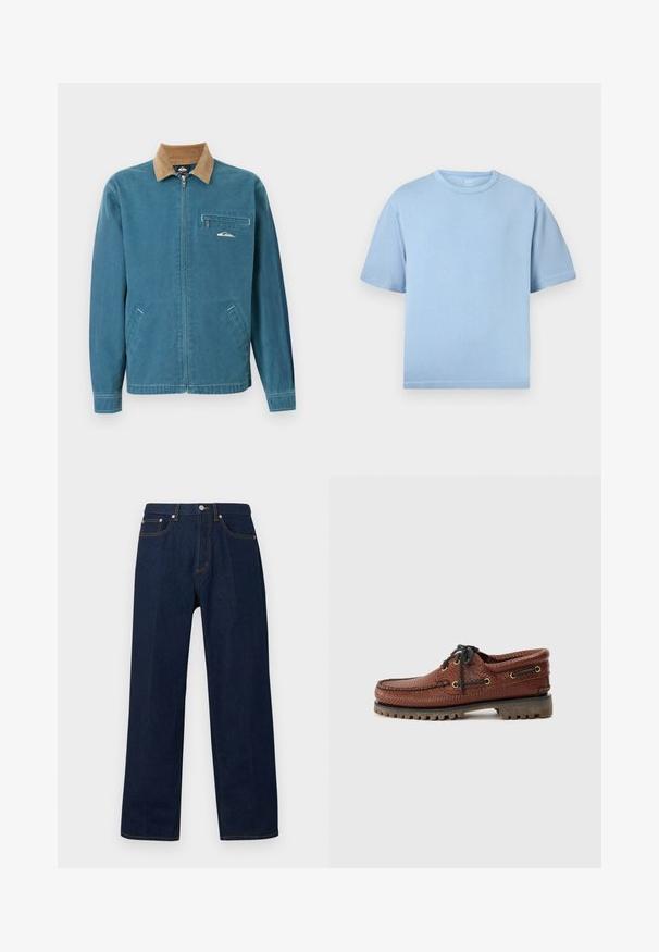Blå lynlåsjakke med brun kordfløjls-krave, to nederste lommer og lynlåslomme på brystet med en lille hvid bølgelogo.; Lyseblå T-shirt med korte ærmer og rund hals, løstsiddende, vist på en ensfarvet hvid baggrund.; Mørkeblå denimjeans med lige ben, forrest knap- og lynlåslukning samt fem lommer på en ensfarvet baggrund.; Brune læder bådsko med struktureret overdel, sorte snørebånd og gyldne øjer. Har en holdbar, rillede gummisål.