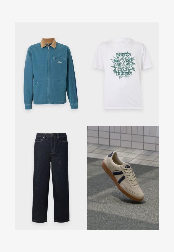 Veste bleue à fermeture éclair avec col en velours côtelé marron, deux poches inférieures et poche poitrine zippée ornée d'un petit logo vague blanc.; T-shirt blanc à manches courtes avec un motif vert représentant plusieurs yeux autour d'un globe, texte "EARTH TRIPPER" et "VOLCOM STONE" sur le devant.; Jean en denim droit bleu marine avec cinq poches et surpiqûres blanches contrastantes, fermeture à bouton et passants de ceinture.; Baskets beiges avec une finition texturée, bandes navy et semelle en caoutchouc. Équipées d'une languette rembourrée et d'un système de laçage traditionnel pour un maintien sécurisé.