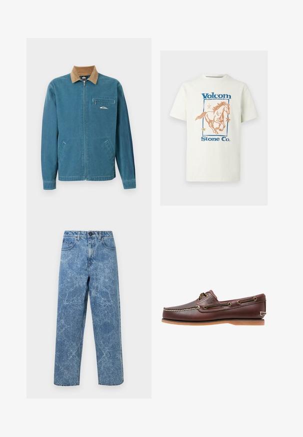 Veste bleue à fermeture éclair avec col en velours côtelé marron, deux poches inférieures et poche poitrine zippée ornée d'un petit logo vague blanc.; T-shirt en coton blanc avec un graphisme d'un cheval au galop, le texte "Volcom" en bleu, et des étoiles orange dans un contour rectangulaire.; Jeans en denim bleu délavé avec une coupe droite, fermeture à bouton à l'avant, passants de ceinture et style à cinq poches.; Chaussure bateau en cuir marron avec coutures blanches, détails de lacets et semelle en caoutchouc beige, vue de côté sur fond blanc.