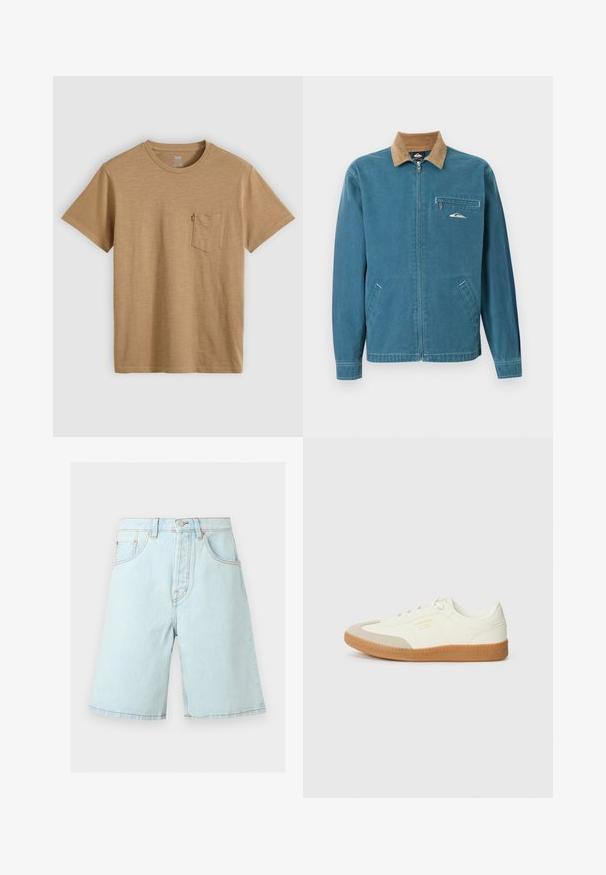 Blue zip-up jacket with brown corduroy collar, two lower pockets, and zippered chest pocket featuring a small white wave logo.; Plain light brown short-sleeve crew neck T-shirt with a left chest pocket and small red tag on pocket edge, laid flat on a light background.; Light blue denim shorts with front button and zipper, belt loops, and five-pocket design.; Sneaker made of white leather with a beige toe cap and light brown rubber sole. Features flat white laces and embossed branding on the side.