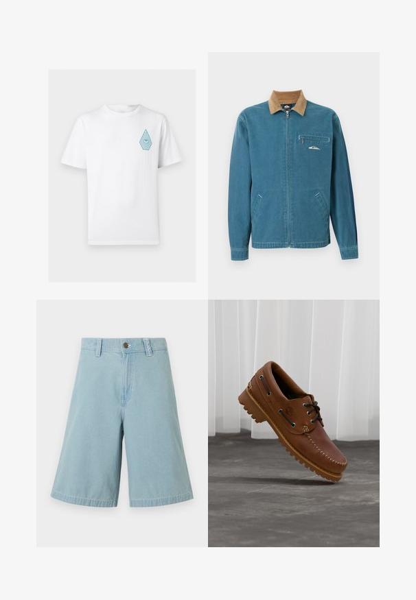 Veste bleue à fermeture éclair avec col en velours côtelé marron, deux poches inférieures et poche poitrine zippée ornée d'un petit logo vague blanc.; T-shirt blanc à manches courtes avec col rond, orné d'un petit dessin d'œil bleu à l'intérieur d'une forme de goutte sur le côté gauche de la poitrine.; Shorts en denim bleu clair jusqu'aux genoux avec fermeture par bouton et zip, passants pour ceinture, et jambes larges sur fond blanc uni.; Chaussure de bateau en cuir marron avec des lacets noirs, des coutures beiges et une semelle robuste, suspendue au-dessus d'un sol en béton gris.