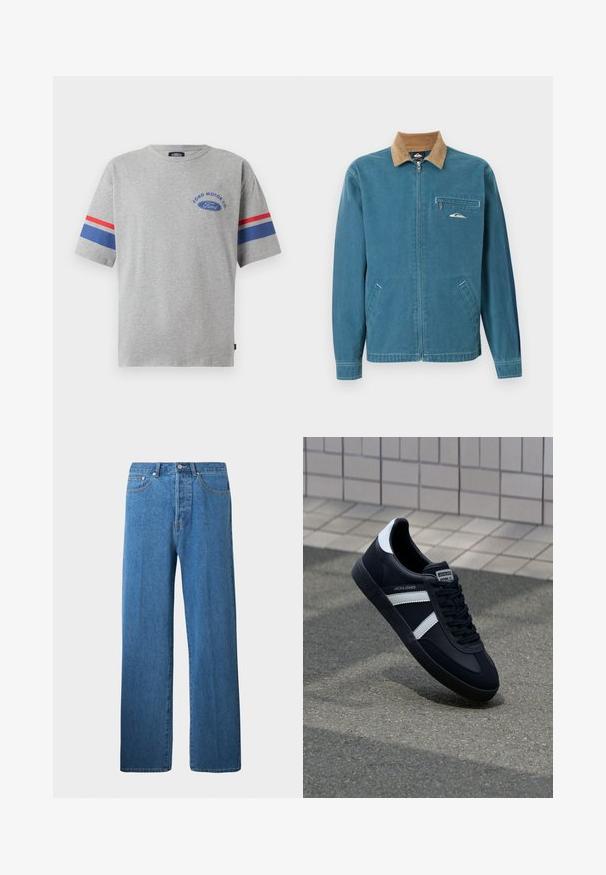 Chaqueta azul con cremallera, cuello de pana marrón, dos bolsillos inferiores y un bolsillo en el pecho con cremallera que presenta un pequeño logo de ola blanca.; Camiseta de algodón gris con mangas cortas, que presenta rayas azules y rojas en las mangas y el logo "Ford Motor Co" en azul en el pecho.; Jeans de mezclilla azul claro con corte recto. Presentan cinco bolsillos, un cierre de botón y detalles de costura mínimos.; Zapatilla de cuero negra con rayas blancas, suela de goma texturizada y parte frontal con cordones. Cuenta con una etiqueta de marca en la lengüeta.