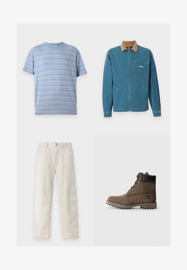 Chaqueta azul con cremallera, cuello de pana marrón, dos bolsillos inferiores y un bolsillo en el pecho con cremallera que presenta un pequeño logo de ola blanca.; Camiseta de rayas azul clara con rayas horizontales blancas, cuello redondo y un pequeño logo rosa en el lado izquierdo del pecho. Tejido de algodón suave.; Pantalones de pierna recta en beige claro con sutiles rayas verticales, cierre frontal con botones, presillas para cinturón y bolsillos laterales.; Botín de cuero marrón hasta el tobillo con collar negro, ojales metálicos y suela gris resistente. Presenta un logo en el lateral y detalles de costura.