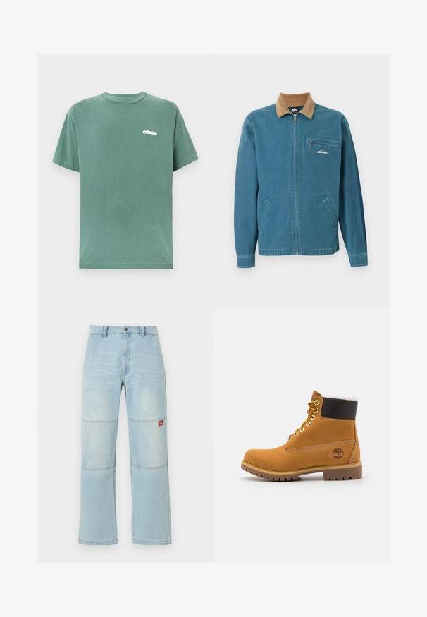 Blaue Jacke mit Reißverschluss, braunem Cordkragen, zwei unteren Taschen und einer Brusttasche mit Reißverschluss, die ein kleines weißes Wellenlogo trägt.; Grünes Kurzarm-T-Shirt aus Baumwolle, mit Rundhalsausschnitt und einem weißen "obey"-Logo auf der linken Brust. Glatte Textur.; Hellblaue Jeans mit weitem Bein, Kniepaneel-Details und einem kleinen roten rechteckigen Logo-Patch am rechten Oberschenkel.; Braune Leder-Ankle-Boots mit Metallösen, weißem Kunstfellfutter, schwarzem gepolstertem Kragen, robustem Sohlenprofil und geprägtem Logo an der Seite.
